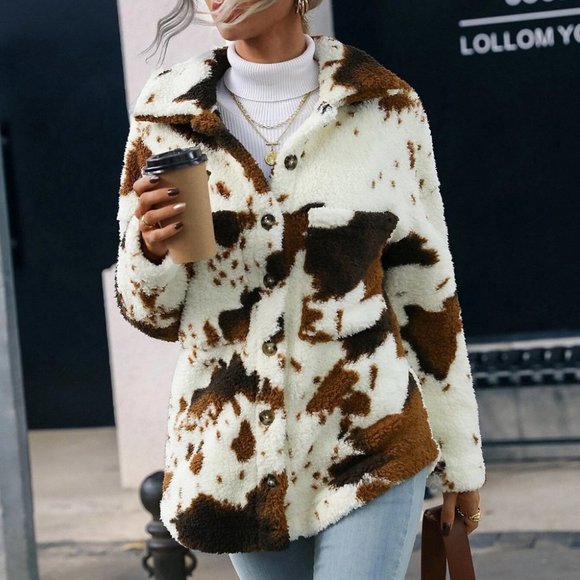 western cow print button flannel coat boho casual - Picture 2 of 6